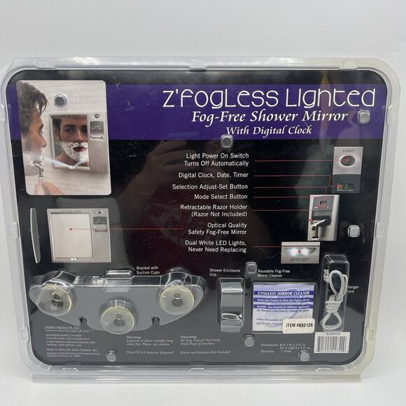 NEW Z’Fogless Fog Free Shower Mirror Lighted Clock Razor Holder Silver Gray 8x8 - Picture 5 of 8
